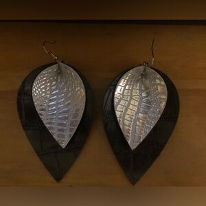Stamped leather silver and black earrings